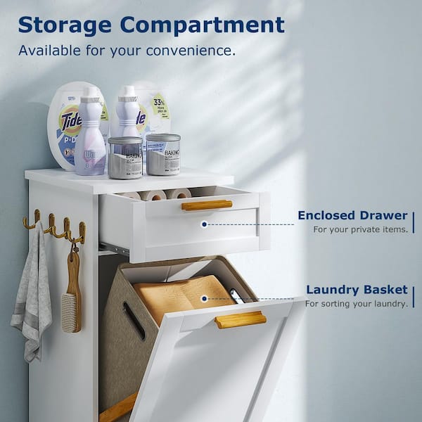 White MDF 15.7 in. Sideboard 2 in 1 Trash Bin Cabinet, Compact Tilt-Out Accent Storage Cabinet w/Bonus Collapsible Bin