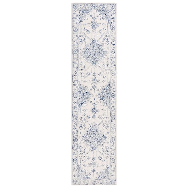 Metro 2 ft. x 13 ft. Blue/Ivory Ornate Border Runner Rug