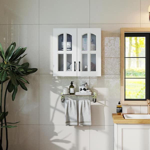 Gleen White Wood 23.62 in. H Wall-Mounted Storage Cabinet with 2 Glass Doors, Floating Cabinet