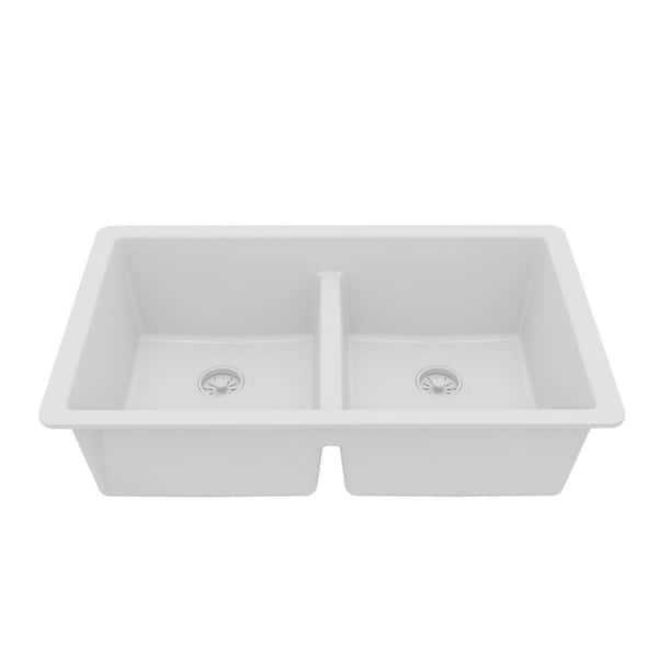 Quartz White 32 in. 50/50 Double Bowl Composite Undermount Kitchen Sink
