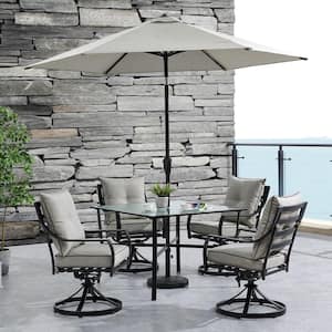 Lavallette 5-Piece Steel Outdoor Dining Set with Silver Linings Cushions, Swivel Rockers, Table, Umbrella and Base