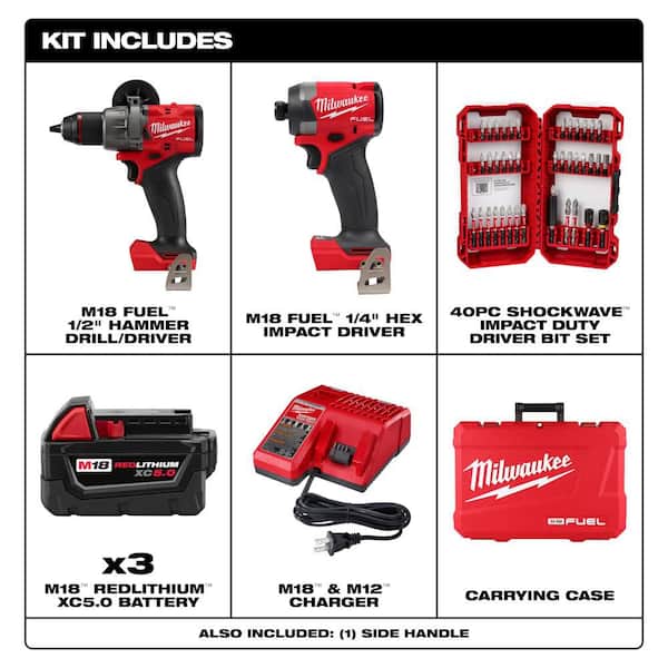 M18 FUEL 18V Cordless Hammer Drill/Impact Combo Kit (2-Tool) w/5.0Ah Battery & SHOCKWAVE Bit Set (40-Pc)