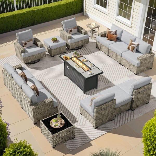 XIZZI Eden Vine 15 Pieces Wicker Rectangular Fire Pit Sets and Swivel Rocking Chairs with Grey Cushion