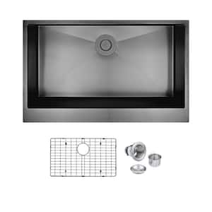 Nepera Black 16 Gauge Stainless Steel 33 in. Single Bowl Farmhouse Apron Kitchen Sink with Bottom Grid and Drain