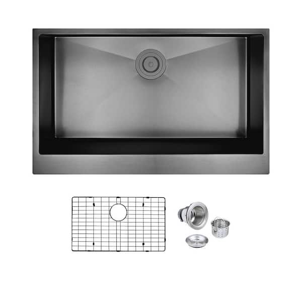 PELHAM & WHITE Nepera Black 16 Gauge Stainless Steel 33 in. Single Bowl Farmhouse Apron Kitchen Sink with Bottom Grid and Drain