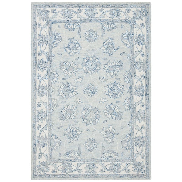SAFAVIEH Micro-Loop Light Blue/Ivory 4 ft. x 6 ft. Border Medallion Area Rug