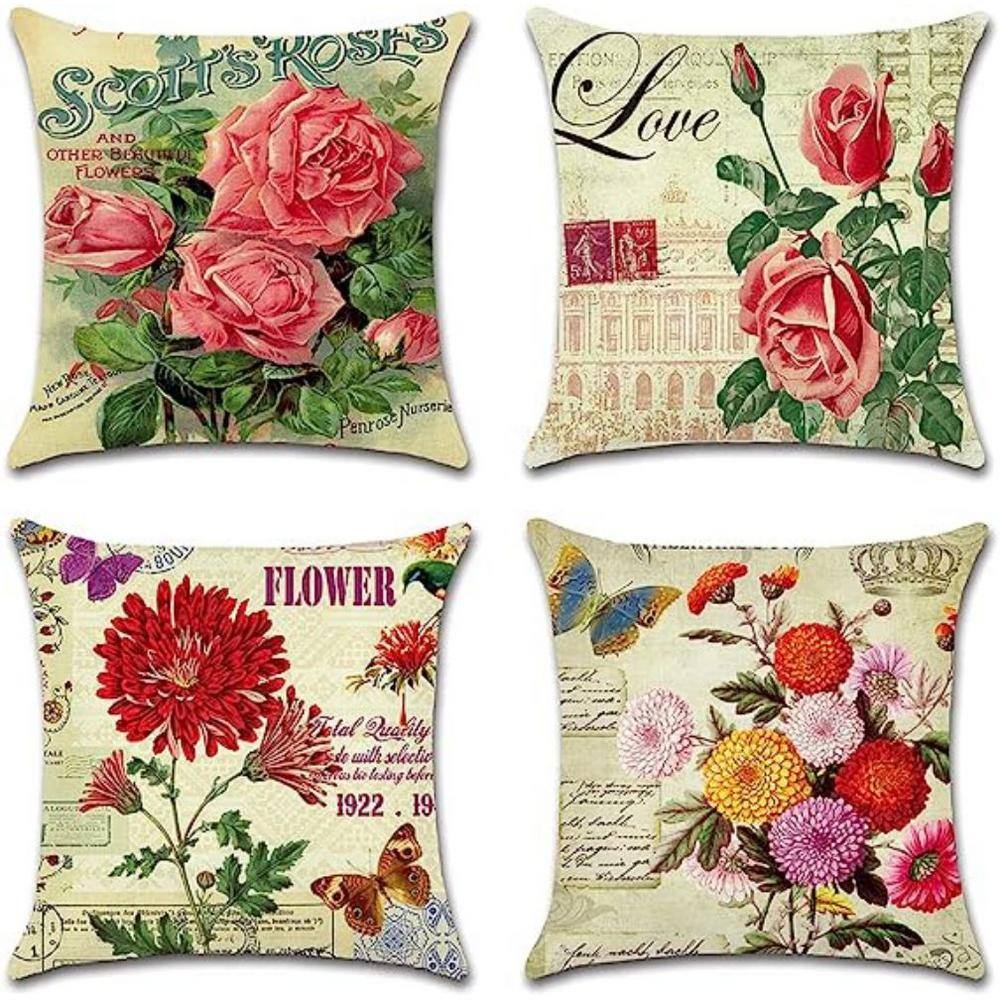 Outdoor Decorative Throw Pillow Covers 18 in. x 18 in. Vintage Flowers Wate
