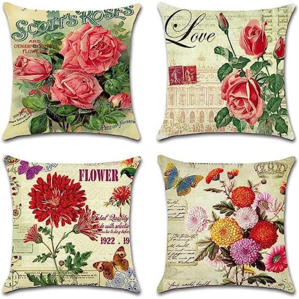 Unbranded Outdoor Decorative Throw Pillow Covers 18 in. x 18 in. Vintage Flowers Waterproof Cushion Covers (Set of 4)