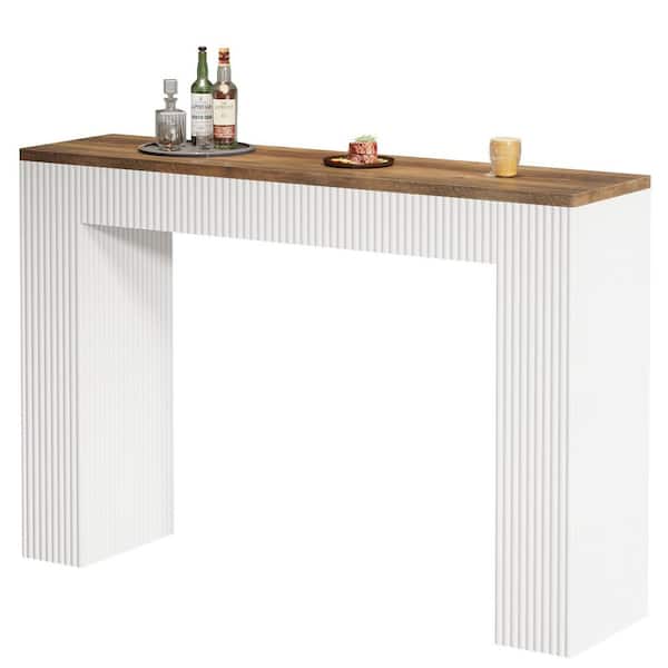 Kearsten 41 in. H Rectangle Bar Table, White Wooden Home Bar Table with Brown Tabletop and Fluted Legs for Home Bar, Pub