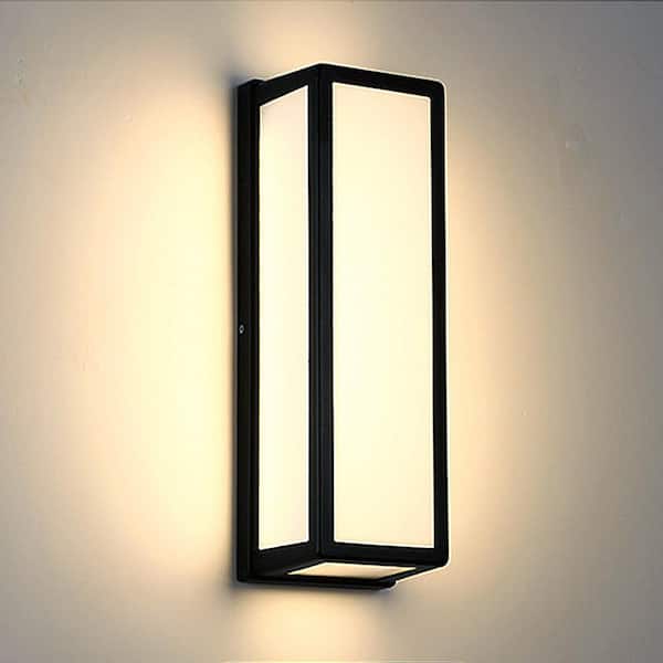 YANSUN 15.7 in. Black Cylinder Modern Integrated LED Indoor/Outdoor Porch Light Wall Lantern Sconce with White Shade