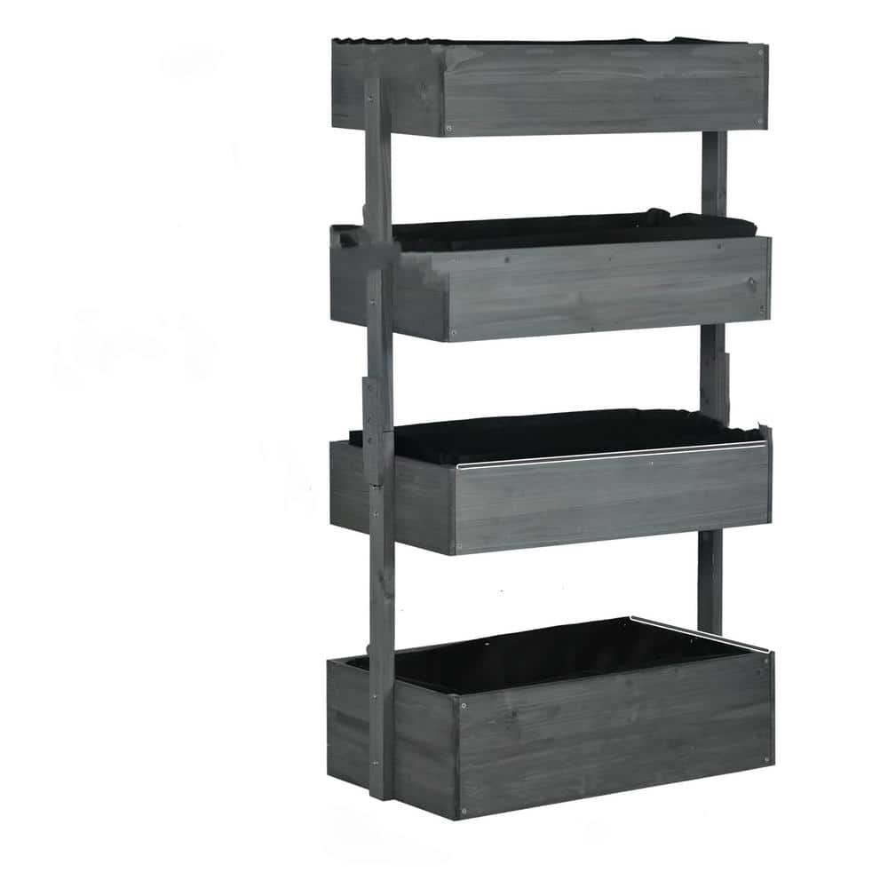 4-Tier Gray Wood Garden Planter Box, Self-Draining with Non-Woven Fabric fo