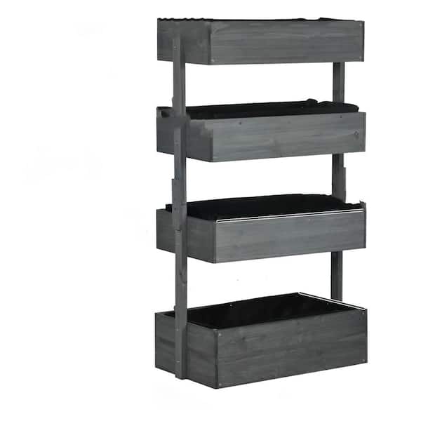 Unbranded 4-Tier Gray Wood Garden Planter Box, Self-Draining with Non-Woven Fabric for Outdoor Flowers, Vegetables, Herbs