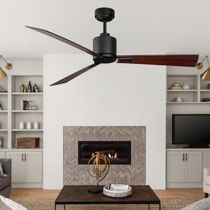 56 in. Indoor/Outdoor Black/Wood Ceiling Fan with Remote Control 3 Blades 6 Speeds Quiet and Reversible