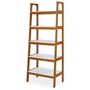 Mid Century Modern 74 in. White / Castanho Wood 5-Shelf Open Bookcase with Solid Wood Frame