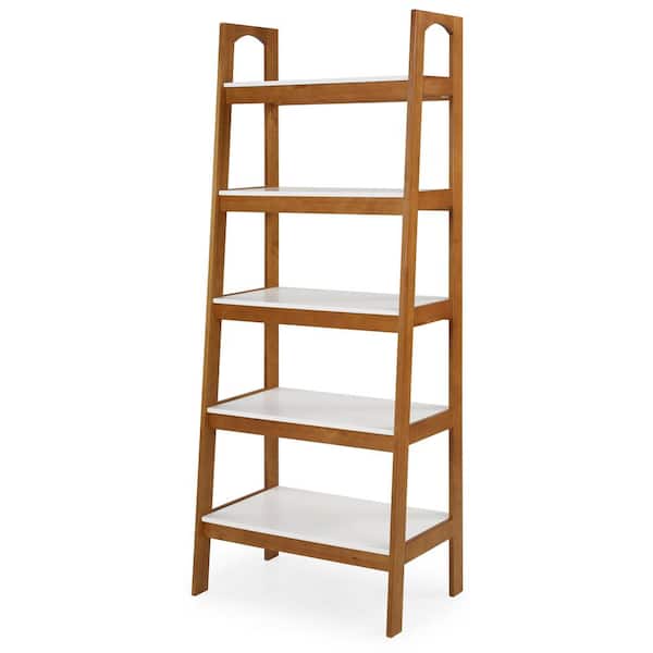 Camaflexi Mid Century Modern 74 in. White / Castanho Wood 5-Shelf Open Bookcase with Solid Wood Frame