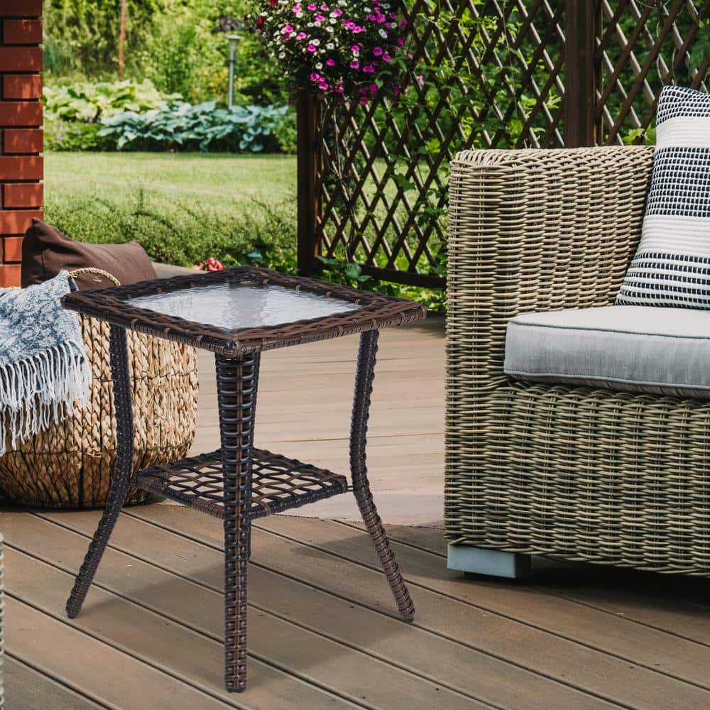 Brown Square Wicker Outdoor Side Table with Glass Top and Steel Frame