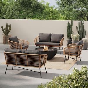 Flow Bohemian 4-Piece Conversation Patio Set, Matte Black Metal Outdoor Loveseat and Chair Set with Dark Gray Cushions