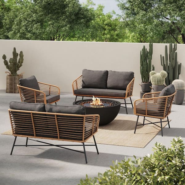 Nathan James Flow Bohemian 4-Piece Conversation Patio Set, Matte Black Metal Outdoor Loveseat and Chair Set with Dark Gray Cushions