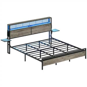 Grey Metal Frame Full Size Platform Bed with Wood Storage Headboard Charge Station and Foldable Bedside Shelf and LED