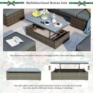 5-Piece Patio Wicker Sofa with Adustable Backrest, Lift Top Table and Gray Cushion