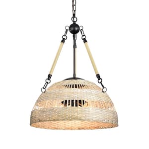 3-Light Black Steel and Antique Silver Bamboo Bowl Chandelier for Kitchen Island and Living Room with No Bulbs Included