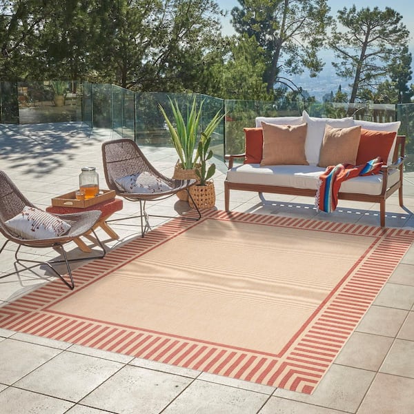 Paseo Kiano Sand/Red 5 ft. x 7 ft. Striped Border Indoor/Outdoor Area Rug