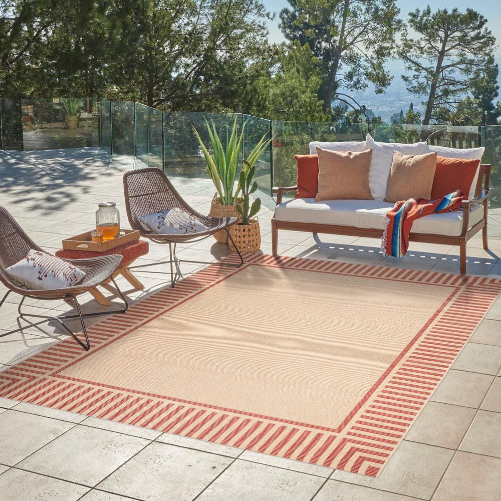 Beige and Red Striped Synthetic Flatweave Indoor/Outdoor Rug 5' x 7'