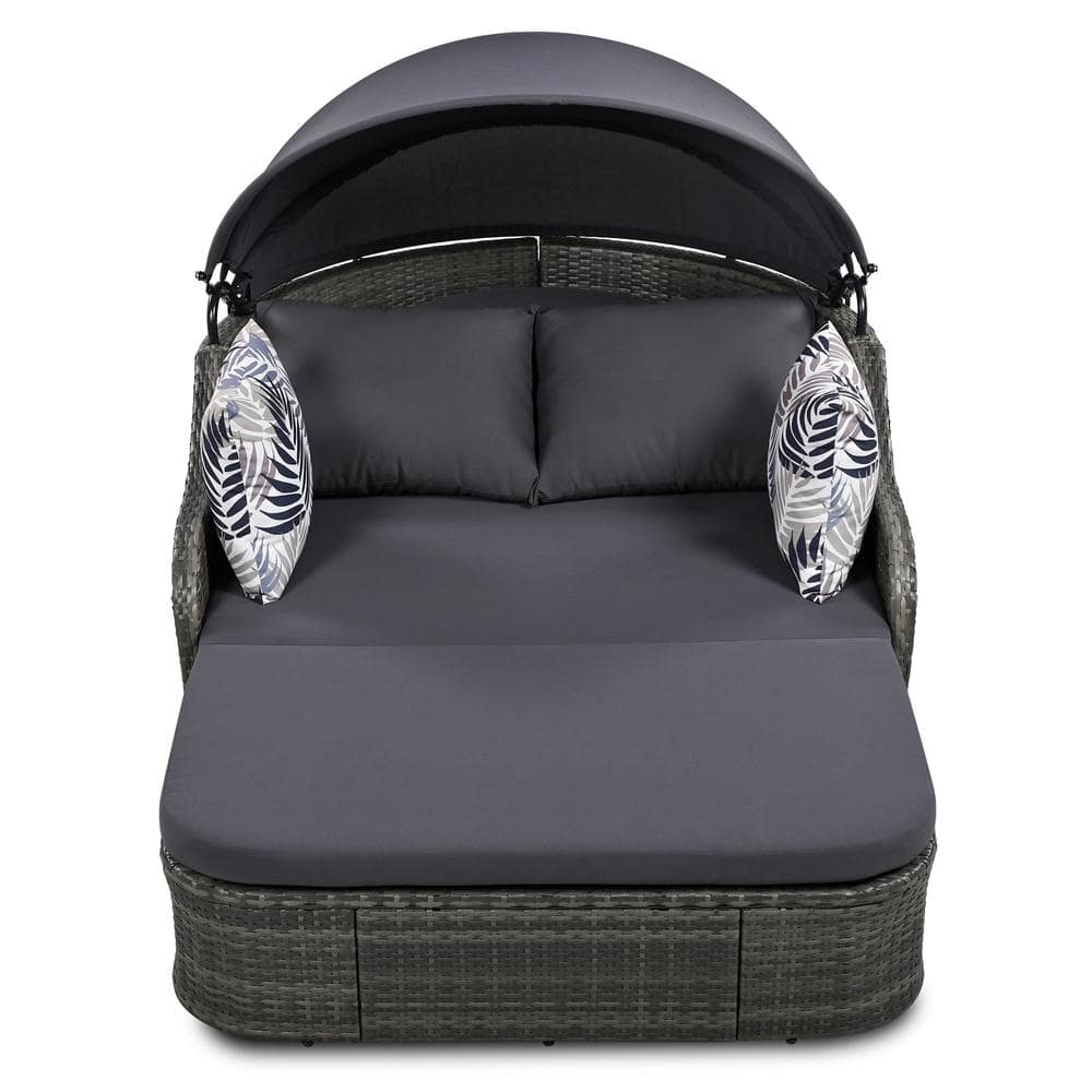 Gray Wicker Outdoor Day Bed, Sunbed with Adjustable Canopy, Double lounge, 