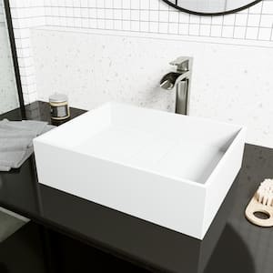 Matte Stone Bryant Composite Rectangular Vessel Bathroom Sink in White with Niko Faucet and Drain in Brushed Nickel