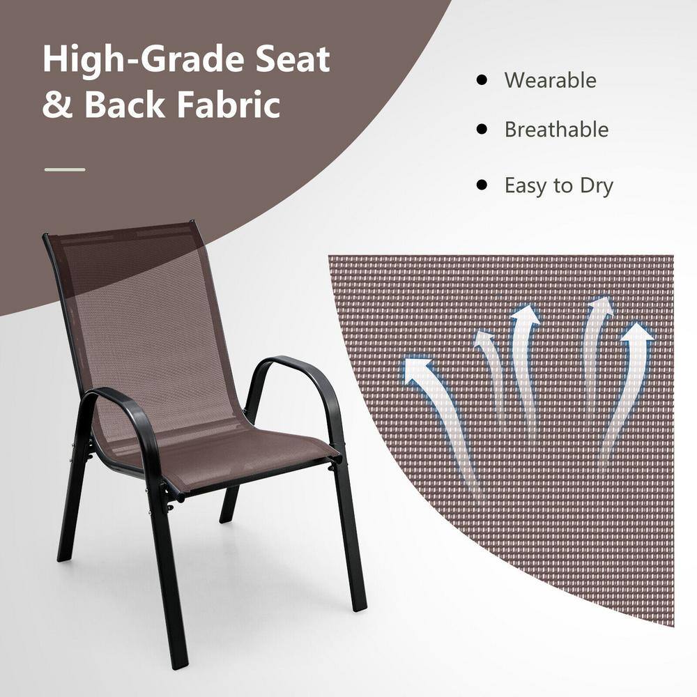 Brown Stackable Patio Dining Chairs with Curved Armrests