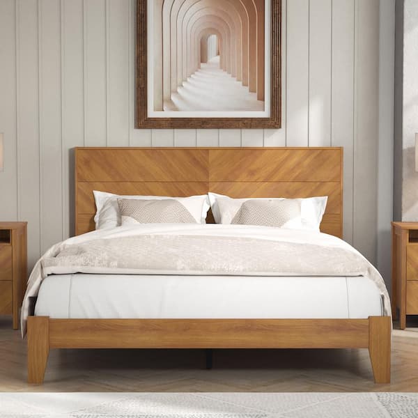 GALANO Weiss Amber Walnut Wood Frame Queen Platform Bed With Headboard