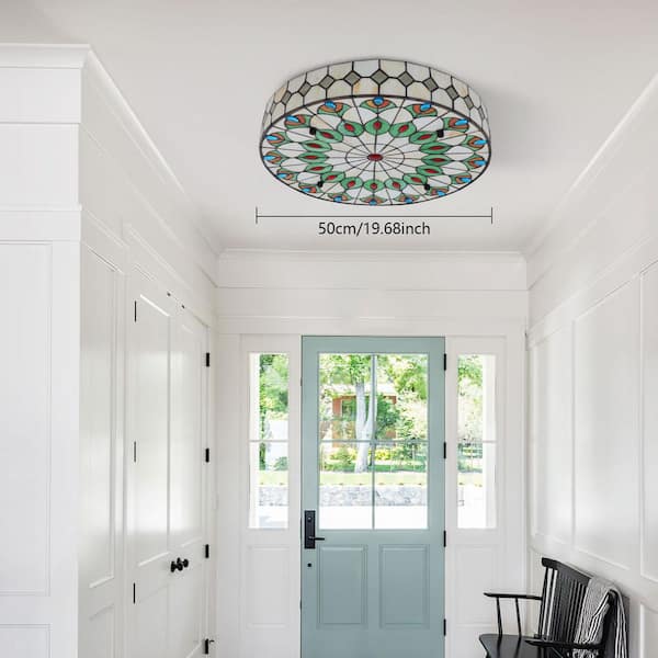 OUKANING 20 in. 4-Light Colorful Vintage Tiffany Flush Mount