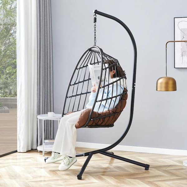 Indoor Outdoor Egg Swing Chair with Stand, Patio Grey Wicker Rattan Hanging Chair with Rope Back, Cushion, Cover