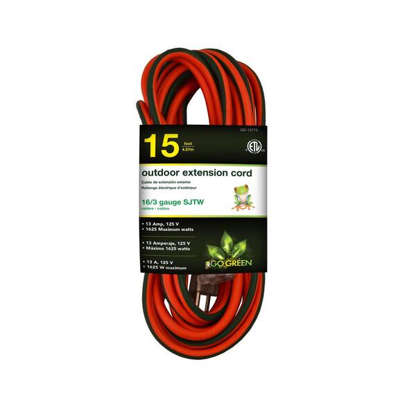 GoGreen Power (GG-13715) 16/3 SJTW Outdoor Extension Cord, Orange, Lighted End, 15 ft