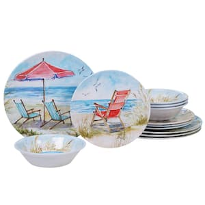 Ocean View 12-Piece Coastal Multi-colored Melamine Outdoor Dinnerware Set (Service for 4)