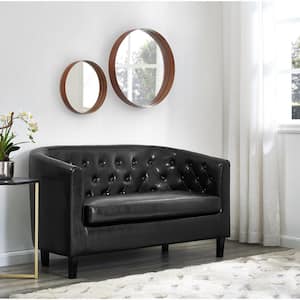 48 in. Black Love Seat, Button Tufted Faux Leather Barrel Loveseat, Midcentury Modern 2 Seater Couch, Small Loveseat