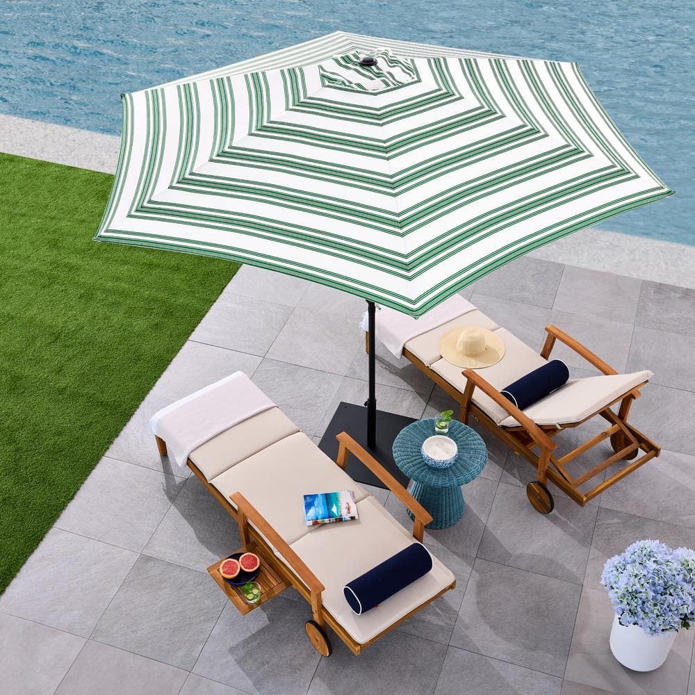 10ft Striped Green Polyester Market Patio Umbrella with Black Metal Pole