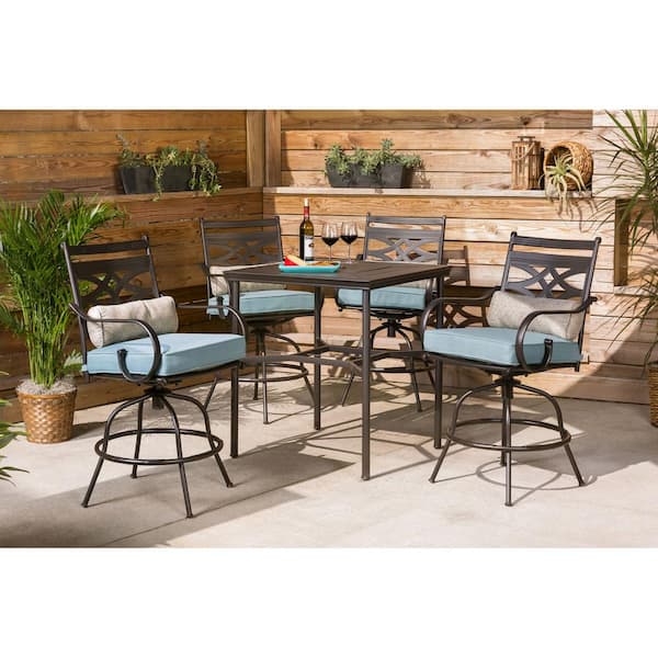 Hanover Montclair 5-Piece Steel Outdoor Bar Height Dining Set with Ocean Blue Cushions, Swivel Chairs and a 33 in. Dining Table