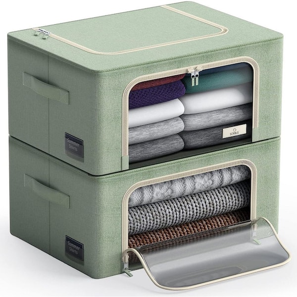 Storage Bins, Organizers with Metal Frame, Handles, and Window, Green 15.75 in. x 8 in. Fabric Decorative Box (Set of 2)