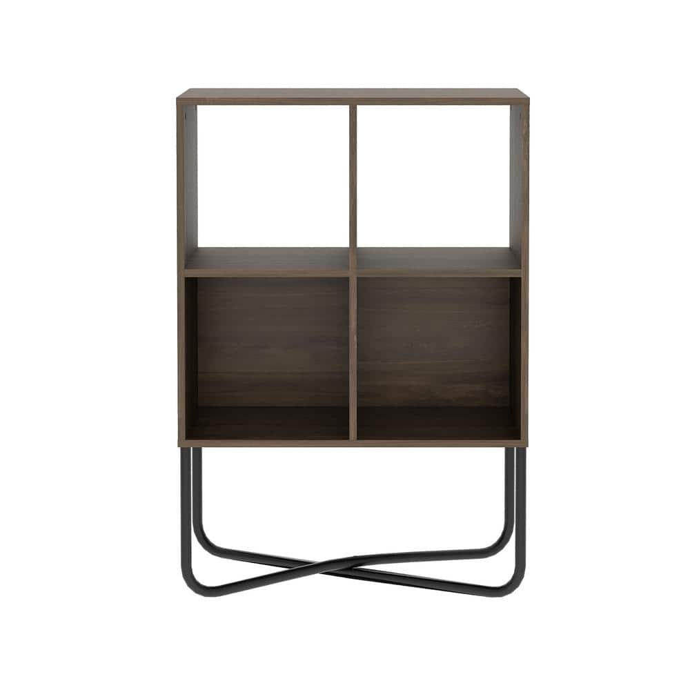 Modern Symmetrical 2-Tier Walnut Bookcase with Steel Cross-Legs
