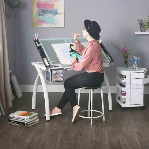 Futura Craft Station 38 in. W Matte Ivory / Sea Green Glass Metal, Craft Table with Storage and Angle Adjustable Top