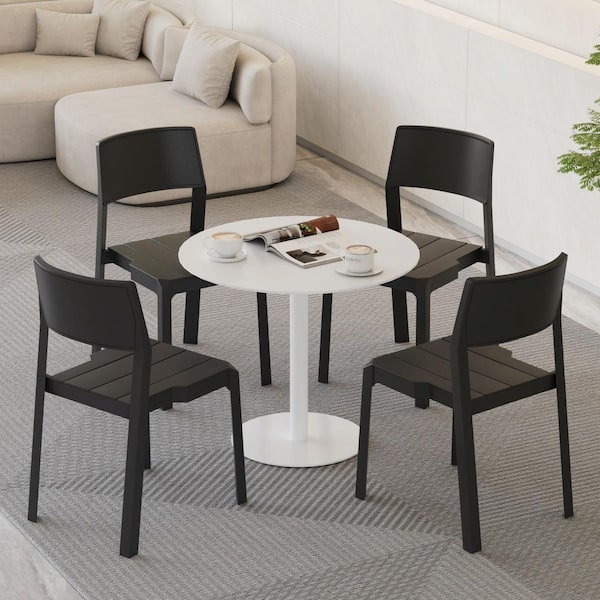 Stackable Dining Chairs Set of 4, Plastic Black Indoor Outdoor Patio Chairs with Wide Seat & Curved Back, No Assembly