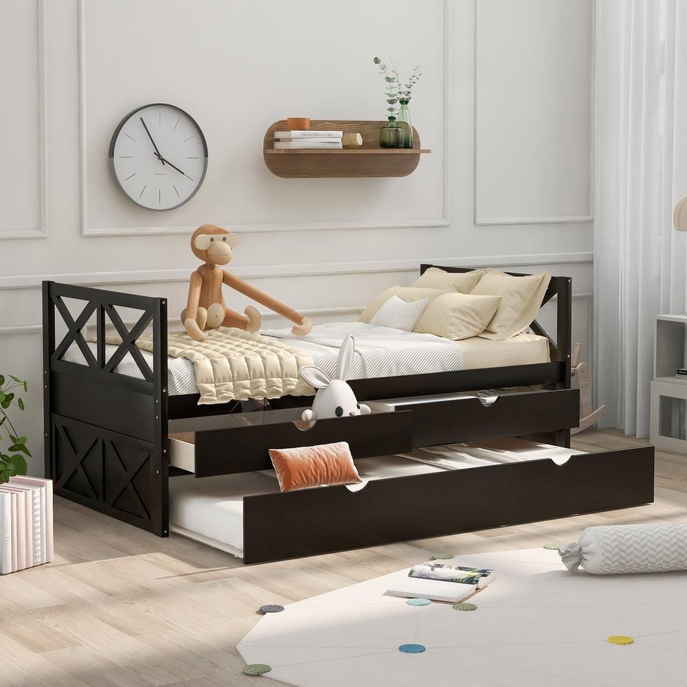 Harper And Bright Designs Espresso Twin Size Wood Daybed With 2 Drawers And Trundle Sm000228aap 