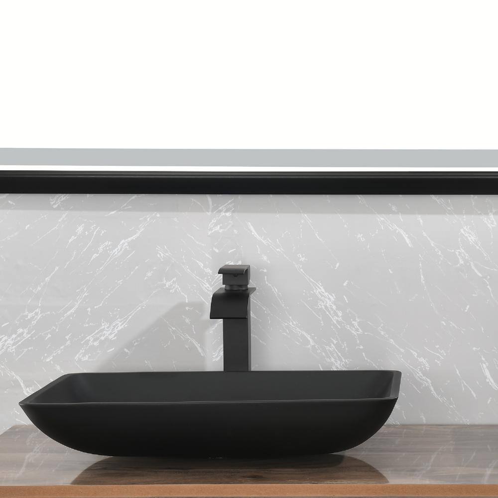 Matte Black Rectangular Glass Vessel Sink with Faucet and Drain