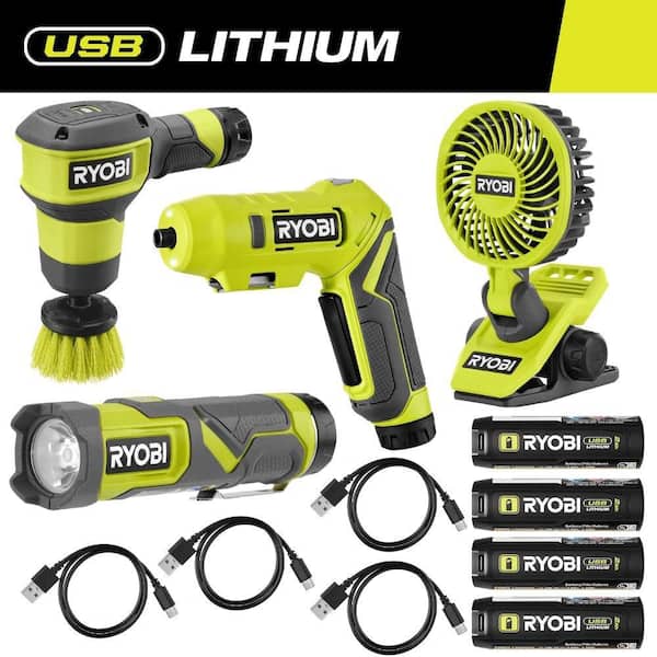 USB Lithium Cordless 4-Tool Combo Kit with Screwdriver, Fan, Scrubber, Flashlight, (4) 2Ah Batteries, and Charging Cords