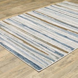 Emory Beige/Blue 5 ft. x 8 ft. Abstract Stripe Distressed Polypropylene Polyester Blend Indoor Area Rug