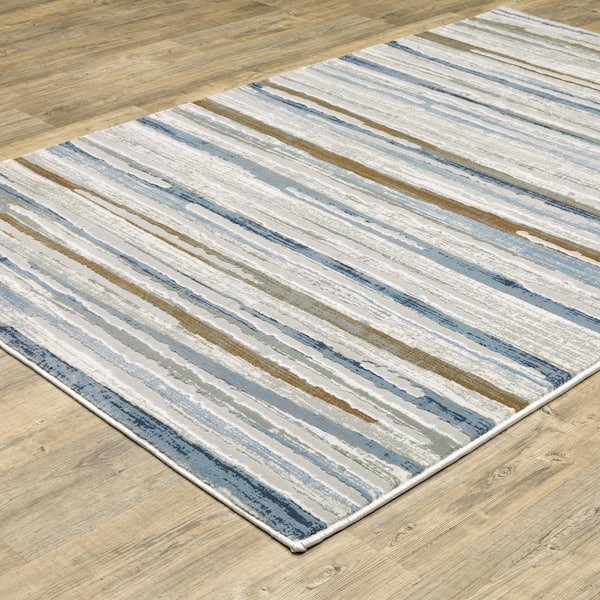 Emory Beige/Blue 10 ft. x 13 ft. Abstract Stripe Distressed Polypropylene Polyester Blend Indoor Area Rug
