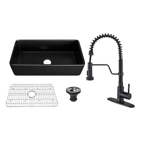 All-in-One 36 in. Farmhouse/Apron-Front Single Bowl Fireclay Kitchen Sink with Kitchen Faucet, Grid, and Basket Strainer