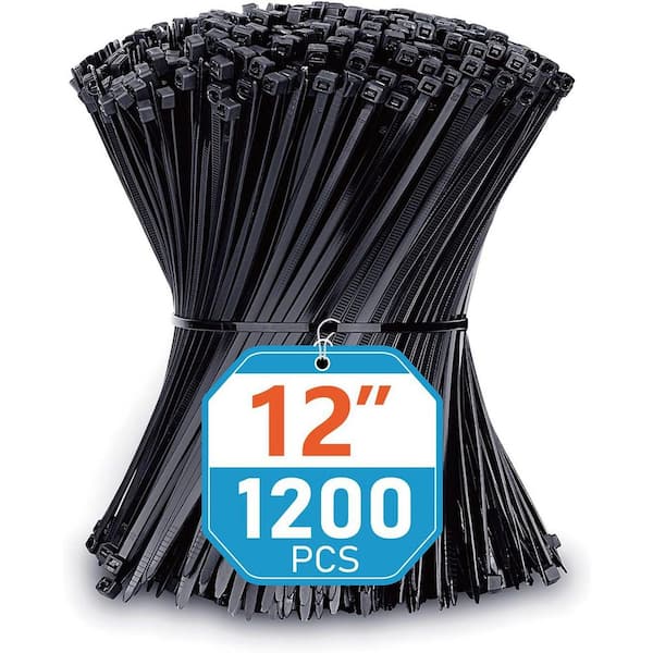 UV Resistant Nylon Cable Zip Ties 12 in., Black 1000-Pack with 50lbs Tensile Strength for Indoor and Outdoor Use