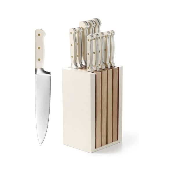 11-Piece Beige Knife Set with Block for Kitchen, Stainless Steel Razor-Sharp Blades, Wooden Magnetic Block